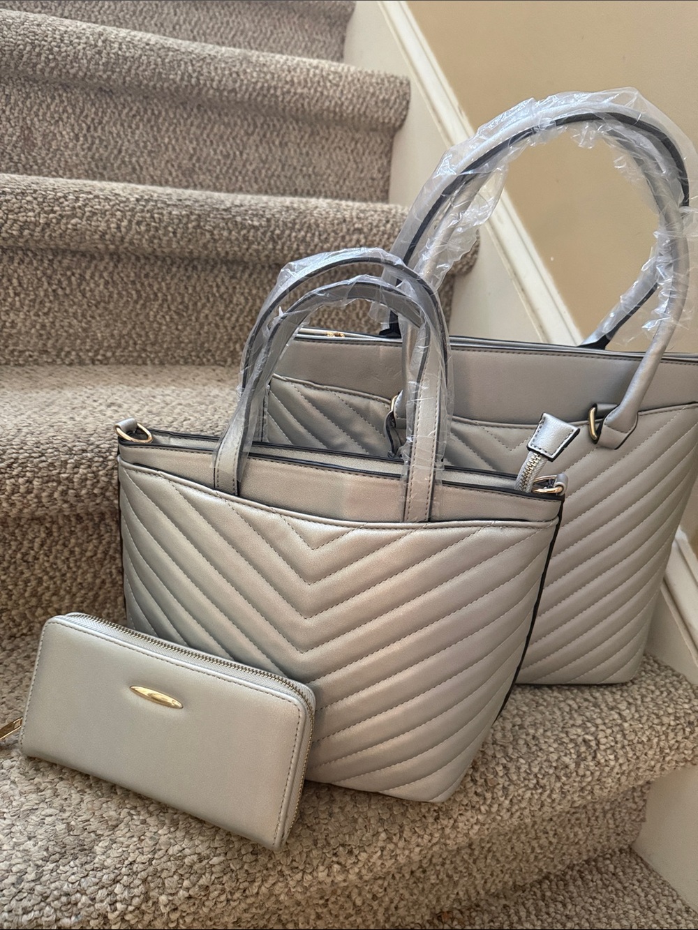 3pc Quilted Tote and Wristlet Set - Silver